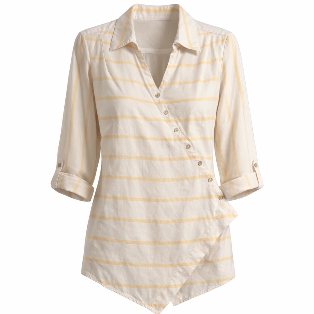 Soft Surroundings Striped Tunic Top  Large Yellow Cream Asymmetrical Button